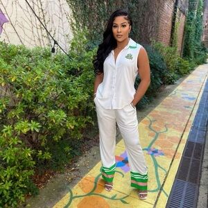 Alpha Kappa Alpha Inc. White and Green Women's Top & Pants from IvyStorehouse.